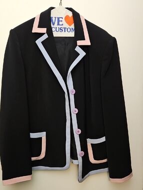 Black Contrast-Trim Women's Blazer Jacket - Pink & Light Blue